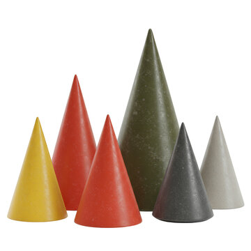 Isolated 3d Geometric Cones Grouped on Transparent Background Rendering
