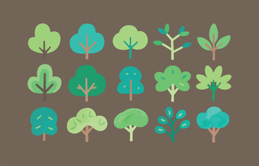 Poster - Collection of Fifteen Flat Design Tree Icons on a Brown Background for Creative Projects
