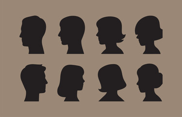 Poster - Collection of eight different head silhouettes in profile featuring diverse hairstyles for both men and women