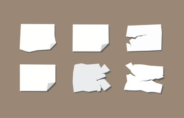 Poster - Collection of six white paper sheets in different shapes and conditions on a brown background