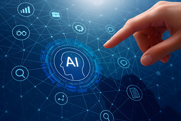 ai touch: a hand interacts with an artificial intelligence (ai) interface, symbolizing the dynamic c