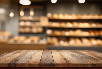 Aufkleber - Empty wooden table top with a blurred background of shelves full of bread and other baked goods, perfect for product placement