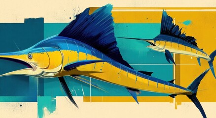Poster - Two Colorful Marlin Fish Swimming in Graphic Style, Symbolizing Marine Conservation and Oceanic Adventure, Perfect for Travel and Tourism Marketing : Generative AI