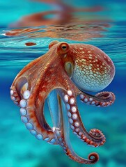 Poster - Octopus Swimming Underwater in Tropical Waters, Symbolizing Marine Conservation and Ocean Exploration : Generative AI