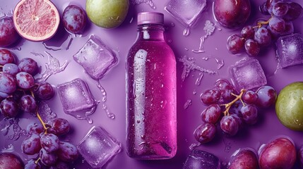 Poster - Refreshing Purple Drink Bottle Surrounded by Grapes and Ice Cubes, Promoting Healthy Lifestyle and Summer Hydration : Generative AI