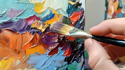 Poster - Hand Holding Paintbrush Applying Thick Oil Paint to Canvas, Showcasing Artistic Expression and Creative Inspiration for Art Therapy : Generative AI