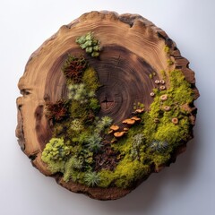 Aufkleber - Wooden Cross Section With Moss and Mushrooms, Showcasing Natural Beauty and Sustainable Design for Eco-Conscious Branding : Generative AI