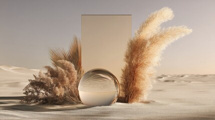 Poster - Minimalist Desert Scene With Glass Orb and Pampas Grass, Evoking Tranquility and Natural Beauty for Wellness Concepts : Generative AI
