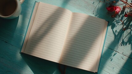 Aufkleber - Open Journal on Blue Wooden Table with Coffee Cup, Representing Reflection and Personal Growth for Content Creation and Mindfulness Practices : Generative AI