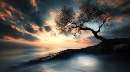 Aufkleber - Lone Tree Silhouette on Rocky Coastline at Sunset, Evoking Tranquility and Environmental Awareness for Conservation Campaigns : Generative AI
