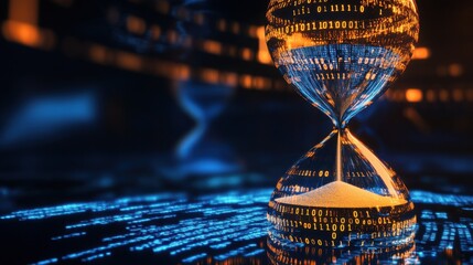 Leinwandbilder - Hourglass Filled With Sand and Binary Code, Symbolizing Urgency and Digital Transformation in the Age of Technology : Generative AI