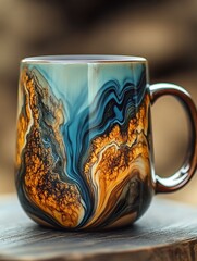 Poster - Ceramic Mug With Abstract Swirls on Wooden Surface, Symbolizing Creativity and Artistic Expression for Home Decor Product Presentation : Generative AI