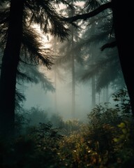 Poster - Misty Forest at Sunrise With Sunlight Breaking Through, Representing Tranquility and Environmental Awareness for Nature Conservation Campaigns : Generative AI