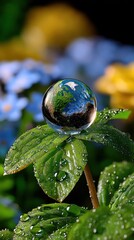 Poster - Earth Globe Reflected in Water Droplet on Green Leaf, Symbolizing Environmental Awareness and Sustainable Future Initiatives : Generative AI