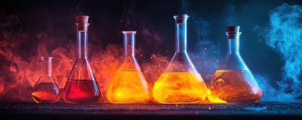 Poster - Laboratory Glassware With Colorful Liquids and Smoke, Representing Scientific Research and Pharmaceutical Innovation in Medical Technology : Generative AI