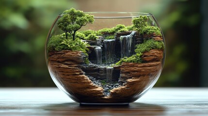 Aufkleber - Miniature Waterfall Terrarium in Glass Bowl, Showcasing Tranquility and Environmental Awareness for Wellness and Sustainable Living Initiatives : Generative AI