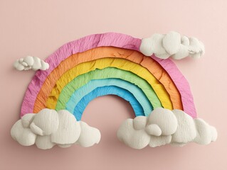 Aufkleber - Colorful Paper Rainbow With Clouds on Pink Background, Symbolizing Hope and Optimism for Children's Products and Educational Materials : Generative AI
