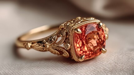 Aufkleber - Ornate Gold Ring With Peach-Colored Gemstone, Symbolizing Luxury and Commitment for Jewelry Store Marketing and Engagement Ring Proposals : Generative AI