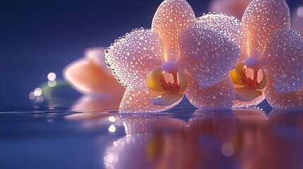 Poster - Peach Orchid Flowers Covered in Water Droplets Reflecting on the Surface, Representing Purity and Natural Beauty for Spa and Wellness Concepts : Generative AI