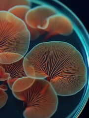 Poster - Glowing Orange Mushrooms in Petri Dish, Evoking Scientific Research and Pharmaceutical Discovery, Ideal for Biotech and Medical Innovation Campaigns : Generative AI