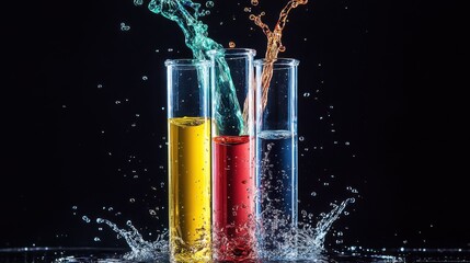 Poster - Colorful Liquids Splashing in Test Tubes on Black Backdrop, Symbolizing Scientific Research and Pharmaceutical Innovation : Generative AI
