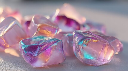 Poster - Pile of Iridescent Ice Cubes in Soft Light, Representing Refreshment and a Cool Aesthetic for Product Presentation or Modern Marketing : Generative AI