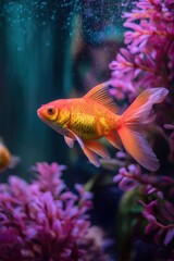 Poster - Vibrant Goldfish Swimming in Aquarium With Pink Plants, Symbolizing Childhood Wonder and Aquatic Ecosystems : Generative AI