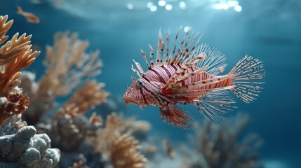 Aufkleber - Lionfish Swimming Gracefully Near Coral Reef, Showcasing Marine Conservation and Underwater Exploration : Generative AI