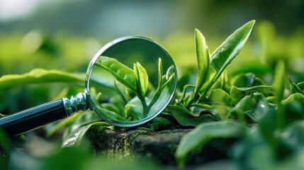 Poster - Tea Plant Buds Examined Under Magnifying Glass, Symbolizing Sustainable Agriculture and Quality Assurance in Food Production : Generative AI