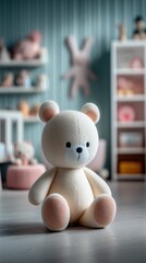 Poster - Teddy Bear Sitting on Floor in Nursery Room, Representing Childhood Comfort and Toy Product Presentation : Generative AI