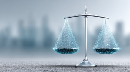 Poster - Digital Scales of Justice With Glowing Particles Against Cityscape, Representing Legal Tech and Data Privacy Compliance in Modern Law : Generative AI