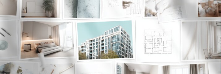 Poster - Architectural Collage of Modern Interiors and Building Plans, Showcasing Home Improvement and Real Estate Investment Opportunities : Generative AI