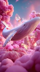 Poster - Dreamy Whale Floating in Pink Clouds With Butterflies, Symbolizing Imagination and Creative Wonder for Children's Book Illustration : Generative AI