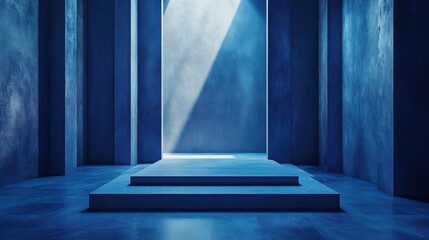 Aufkleber - Abstract blue concrete room with two tiered platform and light beam