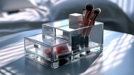 Poster - Makeup Brushes and Cosmetics in Acrylic Organizer on Table, Showcasing Beauty and Personal Care Products for Retail Marketing : Generative AI