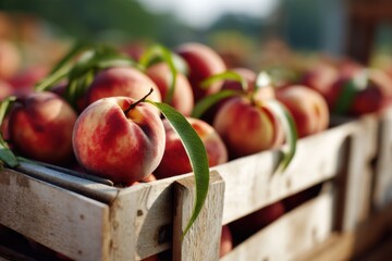 Poster - Freshly Picked Peaches in Wooden Crate With Leaves, Representing Summer Harvest and Healthy Eating Choices : Generative AI