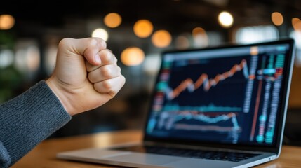 Aufkleber - Triumphant Fist Pump in Front of Stock Market Chart on Laptop, Symbolizing Financial Success and Investment Growth : Generative AI