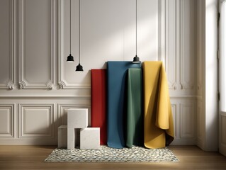 Aufkleber - Colorful Fabrics Leaning Against Wall in Bright Room, Showcasing Interior Design and Material Selection for Home Improvement Projects : Generative AI