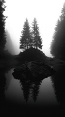 Poster - Monochromatic Forest Scene With Fog and Lake Reflection, Evoking Solitude and Serenity for Travel and Tourism Marketing : Generative AI