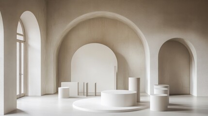 Aufkleber - Minimalist white product display room with arches and soft lighting