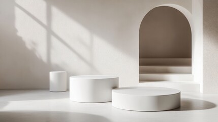 Aufkleber - Minimalist white cylindrical platforms in a sunlit room with archway