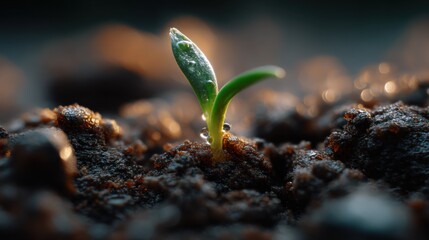 Aufkleber - Tiny Sprout Emerging From Soil With Water Droplets, Symbolizing Growth and Environmental Stewardship for a Sustainable Future : Generative AI