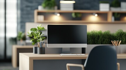 Leinwandbilder - Modern Office Desk with Computer and Plants, Representing Productivity and Workplace Wellbeing, Ideal for Corporate Communications and Recruitment Materials : Generative AI