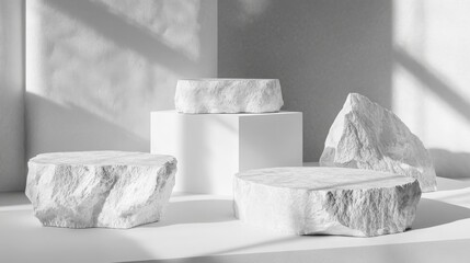 Poster - White stone product display platforms with shadow and light