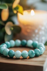 Poster - Close-Up of a Serene Amazonite Bracelet With a Lit Candle, Symbolizing Wellness and Mindfulness for Meditation Practices : Generative AI