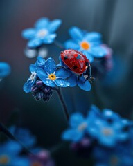 Poster - Ladybug Covered in Water Droplets on Blue Forget-Me-Nots, Symbolizing Springtime Renewal and Environmental Awareness : Generative AI