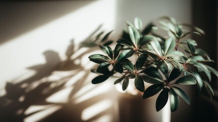 Poster - Schefflera Plant in Pot With Sunlight and Shadow, Representing Growth and Biophilic Design for Home Decor and Wellness : Generative AI