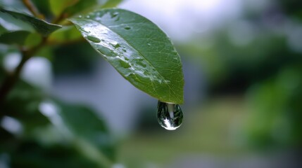 Aufkleber - Water Droplet Hanging From Green Leaf, Embodying Environmental Awareness and Natural Beauty, Perfect for Sustainable Living and Conservation Campaigns : Generative AI