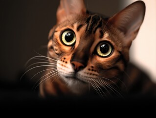 Poster - Bengal Cat Looking Upward With Big Eyes, Representing Pet Ownership and Animal Companionship, Ideal for Pet Care Marketing and Veterinary Services : Generative AI