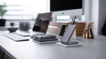 Aufkleber - Minimalist Workspace With Smartphone and Laptop for Digital Lifestyle and Productivity, Ideal for Remote Work and Online Communication : Generative AI